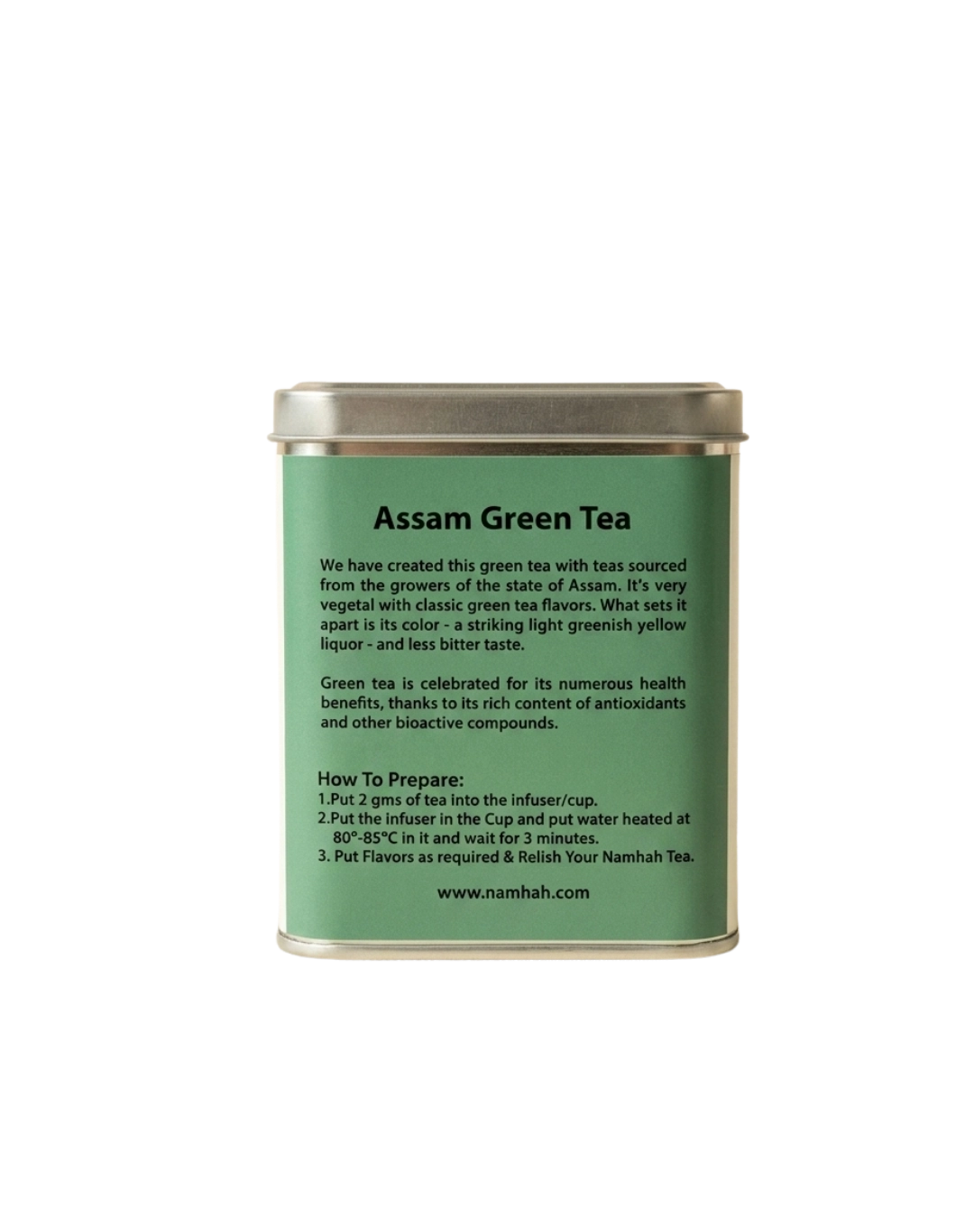 Assam Green Tea 100gm Tin Box With Side view of tin box