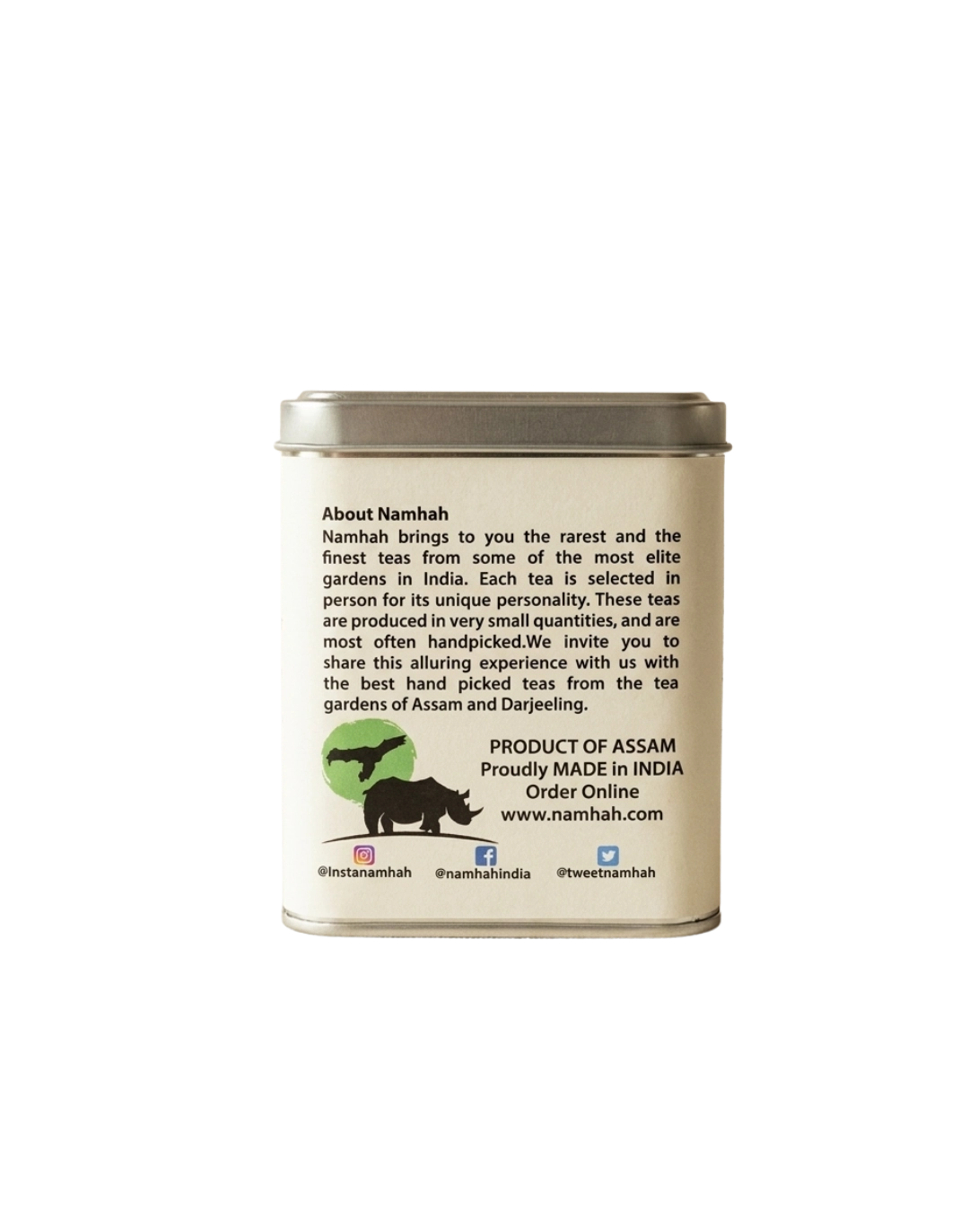 Assam Green Tea 100gm Tin Box With Side view of tin box