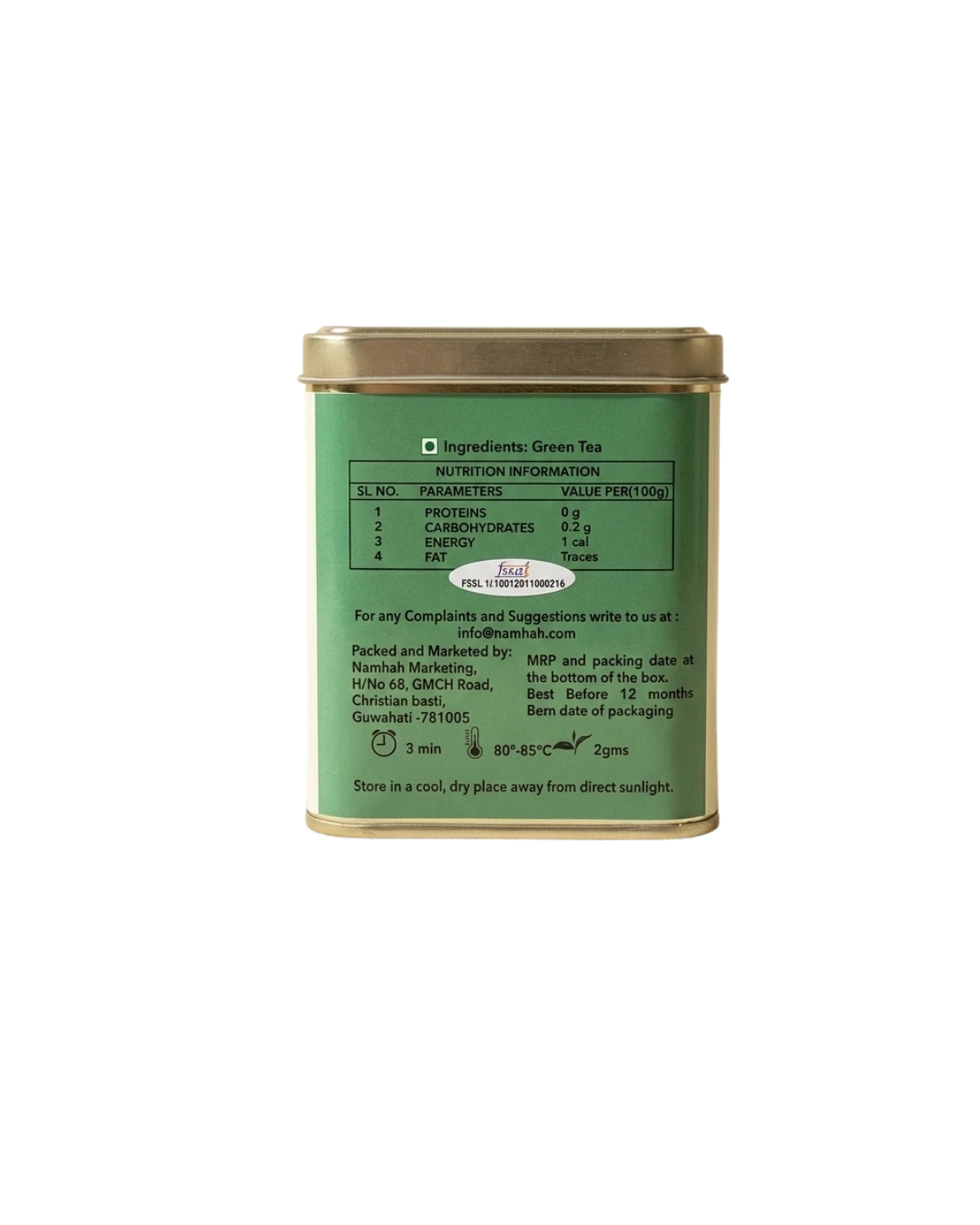 Assam Green Tea 100gm Tin Box With Side view of tin box with Ingredients and Nutritional Table