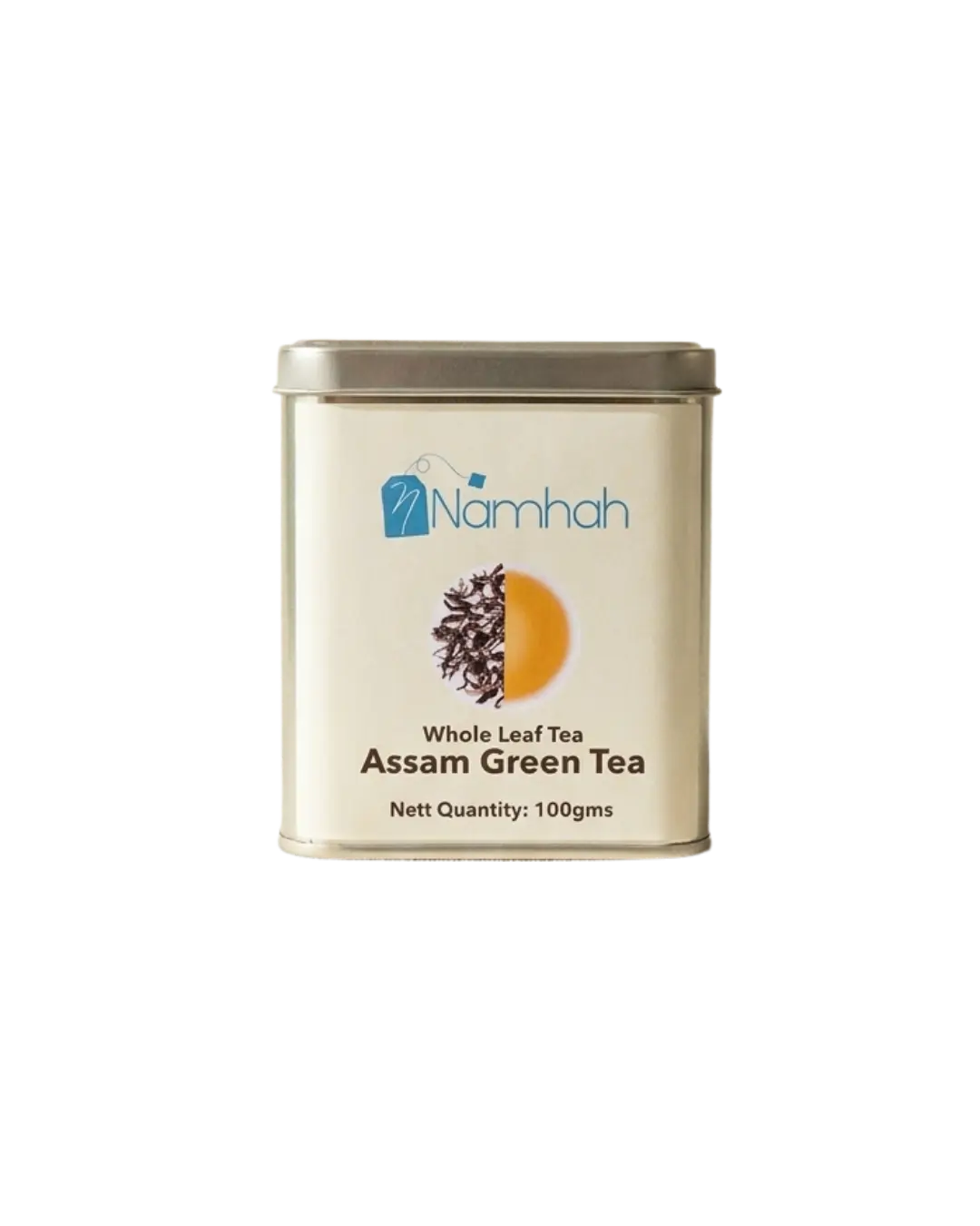 Assam Green Tea 100gm Tin Box With Front view of tin box