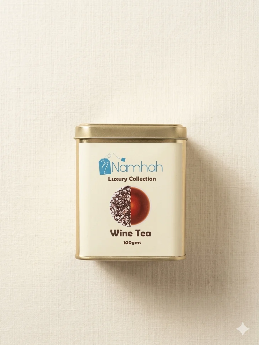 Wine Tea 100gm Pack With Front view of tin box