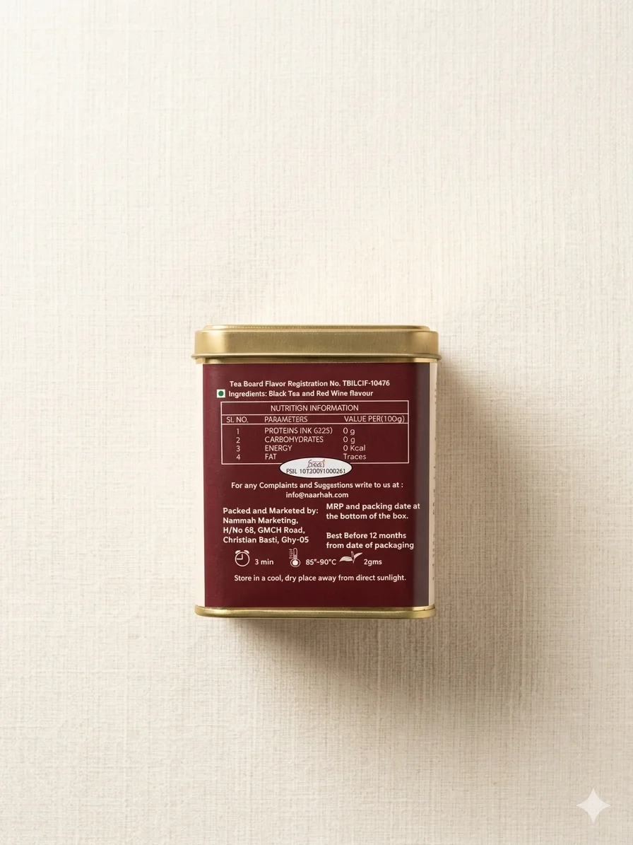 Wine Tea 100gm Tin Box With Side view of tin box with Ingredients and Nutritional Table