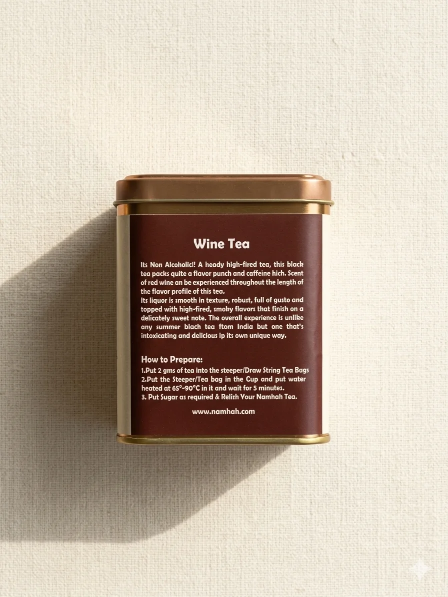 Wine Tea 100gm Tin Box With Side view of tin box with Description About The Tea
