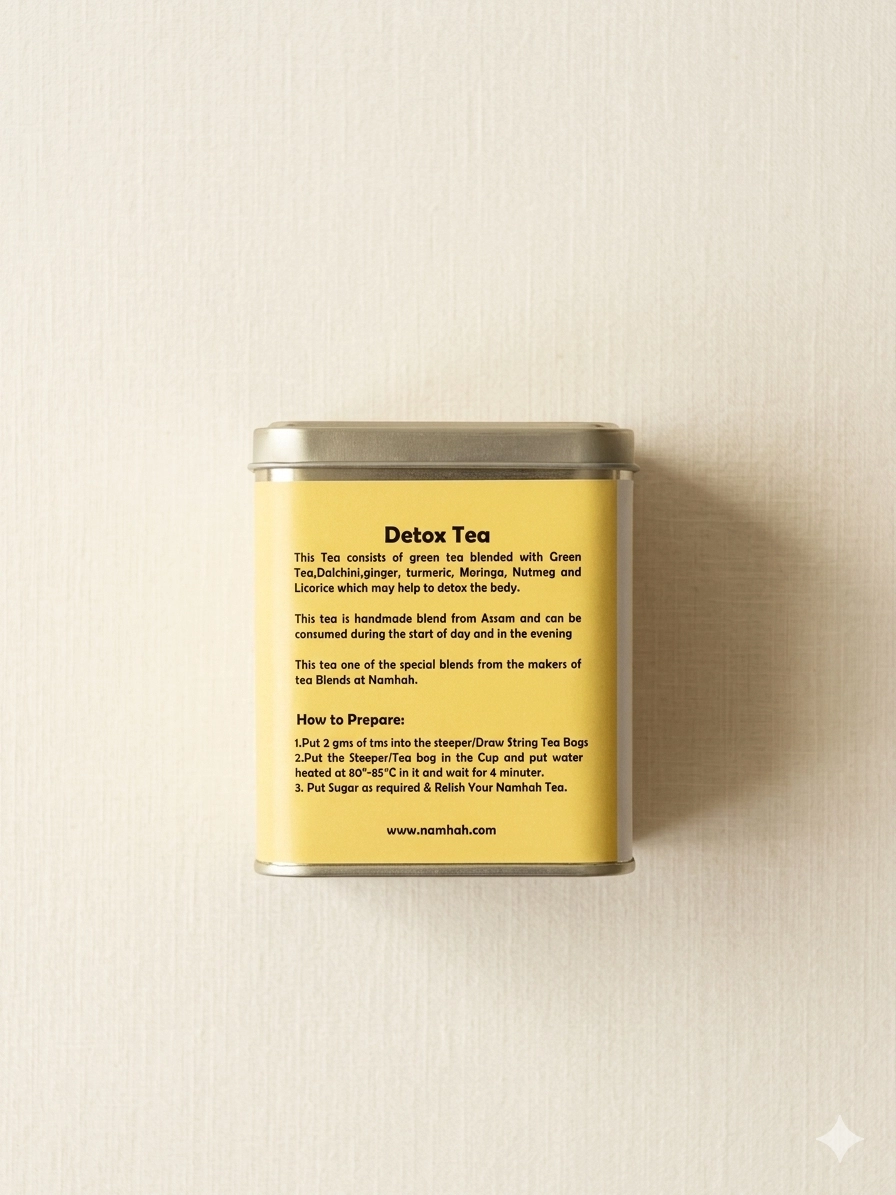 Detox Tea 100gm Tin Box With Side view of tin box with Description