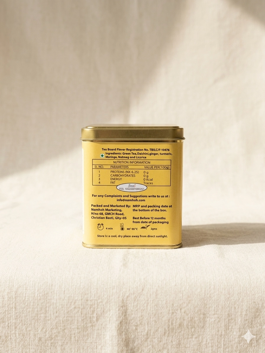 Detox Tea 100gm Tin Box With Side view of tin box with Ingredients and Nutritional Table