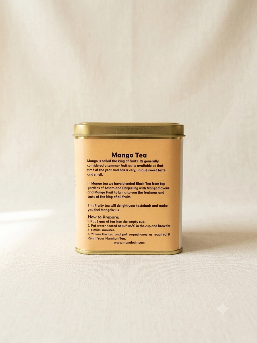 Mango Tea 100gm Tin Box With Side view of tin box with Description