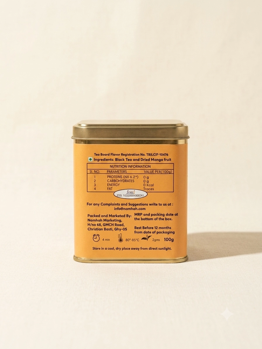 Mango Tea 100gm Tin Box With Side view of tin box with Ingredients and Nutritional Table