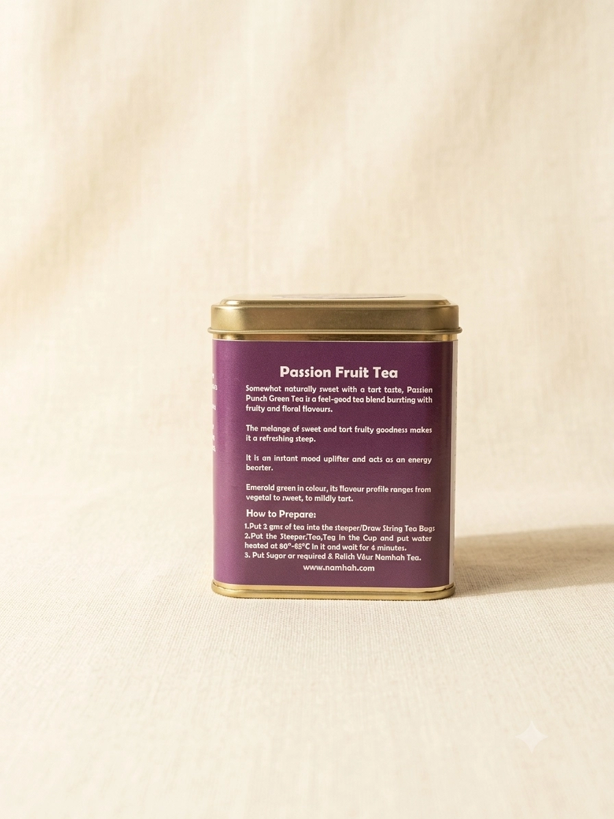 Passion Fruit Tea 100gm Tin Box With Side view of tin box with Description