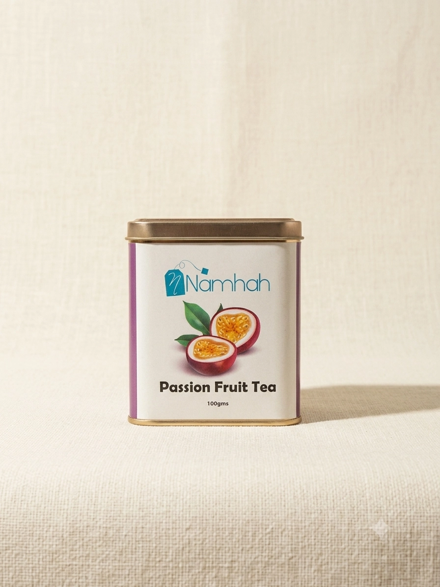 Passion Fruit Tea 100gm Tin Box With Front view of tin box