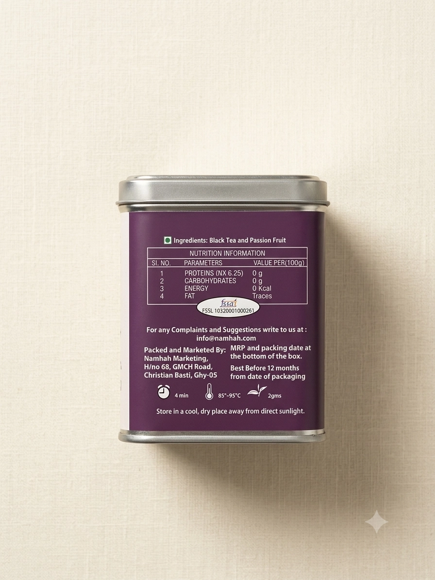 Passion Fruit Tea 100gm Tin Box With Side view of tin box with Ingredients and Nutritional Table